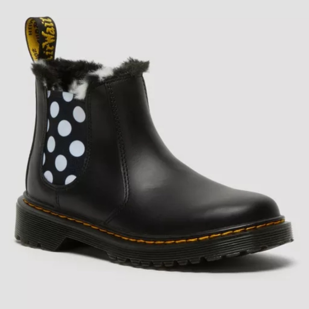 Dr. Martens Leonore Faux Fur Polka Dot Leather Chelsea Boot Sz 34/3